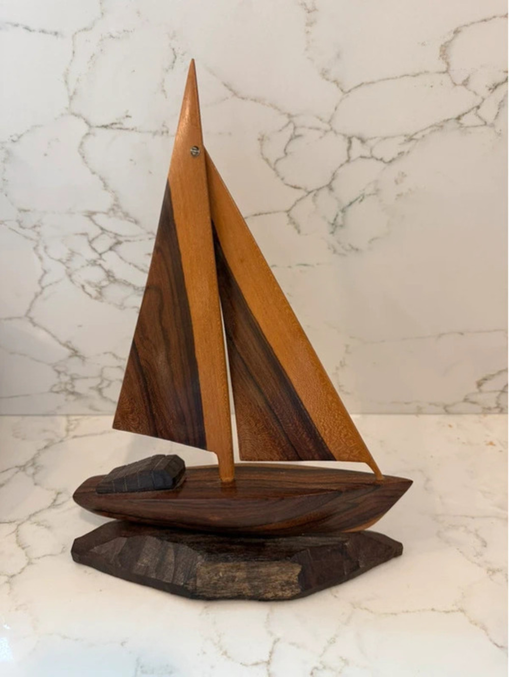 Vintage MCM Teak & Walnut Wood Sailboat Sculpture Nautical Decor